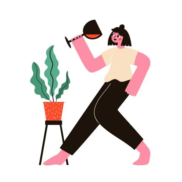 Vector illustration of Vector illustration with dancing woman holding glass of red wine or cocktail and green plant with big leaves in red pot.
