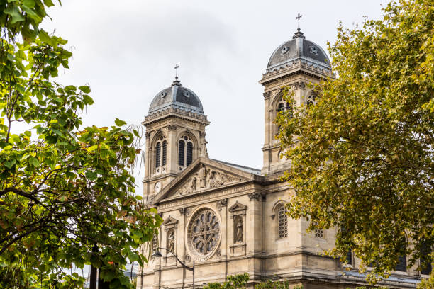 Twin tower of St Francis Xavier's Church, a Roman Catholic church and parish in the 7th arrondissement of Paris dedicated to Francis Xavier. stock photo