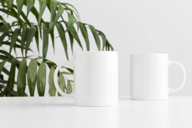 istock Mug mockup on a white table and a palm plant. 1235869931