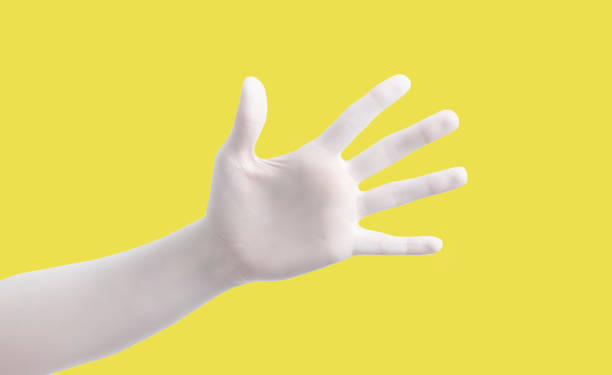 Hand gesture on yellow background poster. Open palm and five fingers.