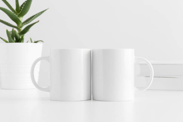 istock Two white mugs mockup with a aloe vera in a pot and books on a white table. 1235903355