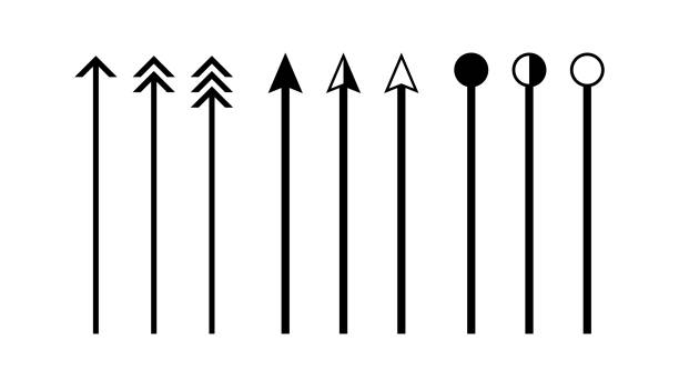 стрелка вертикальной линии, выделенной на белом, линии и стрелки указывают на размер рисунка, наконечник стрелы черный на линии вертикальн� - tilt view stock illustrations