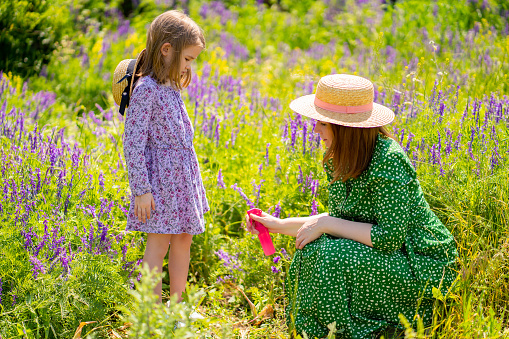 the mom spray treatment the daughter the means from mosquitoes and ticks for a walk in the summer field. family walks on the nature.