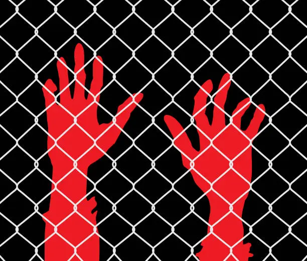 Vector illustration of Raised Hands Chainlink Fence