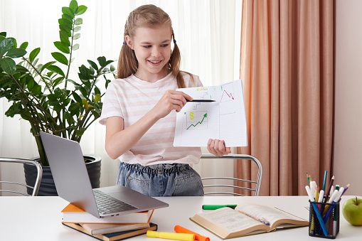 Girl schoolgirl does online homework lessons. Internet school, distance learning, quarantine.