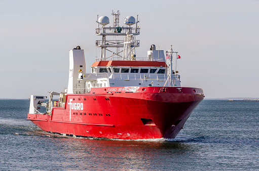 New Bedford, Massachusetts, USA - May 19, 2020: Research vessel Fugro Searcher working out of New Bedford on wind turbine project