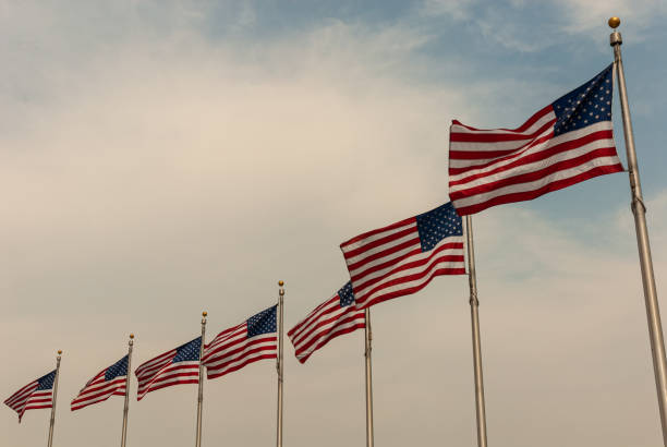 istock United States of America flags. Copy space. 1236021038