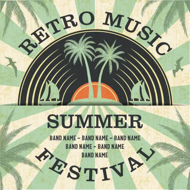 Vector illustration of Retro Music Summer Festival and Vintage Vinyl Record Poster in Retro Design Style.