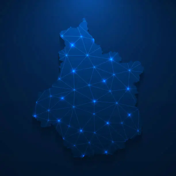 Vector illustration of Centre-Val de Loire map network - Bright mesh on dark blue background