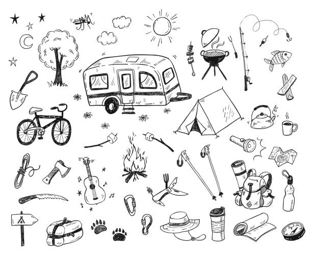 Hand drawn doodle camping vector elements, icons set with bonfire, adventure, hiking and touristic equipment Hand drawn doodle camping vector elements, icons set with bonfire, adventure, hiking and touristic equipment camping drawings stock illustrations