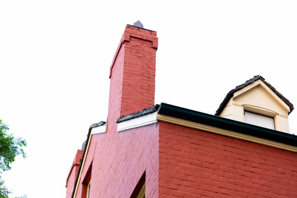 Top part of red brick old house with chimney, white background with copy space, full frame horizontal composition