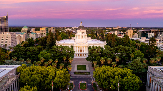 High quality stock aerial view photo of the California State Capitol Building in Sacramento.