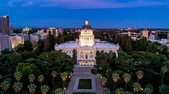 High quality stock aerial view photo of the California State Capitol Building in Sacramento.