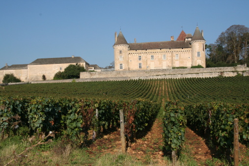 Chateau Rully in Burgundy France with vineyard in the foreground