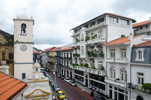 Casco Viejo, Panama City, Panama - Sep 09, 2018: Charming Casco Viejo buildings. La Merced Church is on the left and a luxury hotel is on the right.