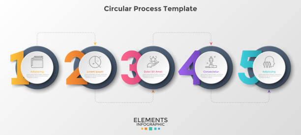 Modern Infographic Template Five round paper white elements placed in horizontal row and connected by dotted line. Concept of 5 successive steps of business progress. Modern infographic design template. Vector illustration. blank timeline infographic stock illustrations