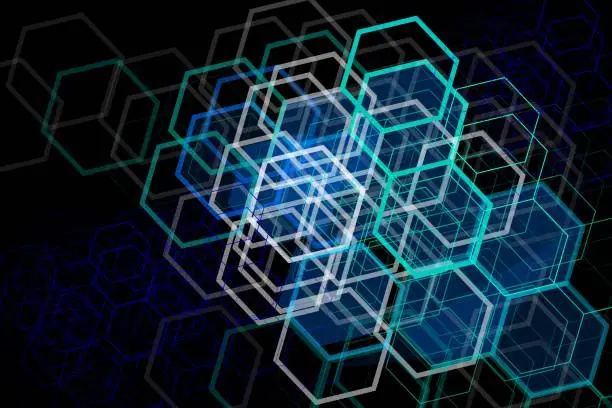 Vector illustration of Blue geometric hexagons elements on black background