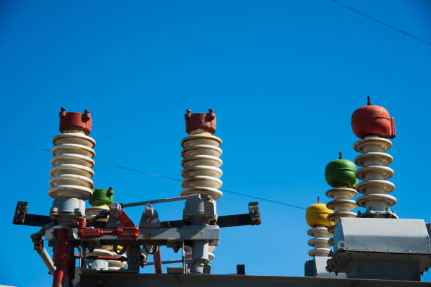 Electric transformer station High voltage power transformer substation on blue sky background 11154 stock pictures, royalty-free photos & images