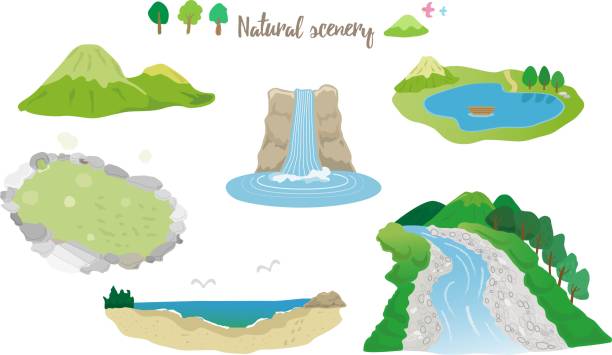 illustrazioni stock, clip art, cartoni animati e icone di tendenza di set di illustrazioni per paesaggi naturali - spring waterfall landscape mountain