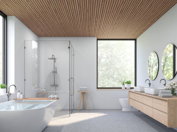 Modern contemporary loft bathroom 3d render Modern contemporary loft bathroom 3d render.there are concrete tile floor, white wall and wood plank ceiling ,There are large windows look out to see the nature view. bathroom stock pictures, royalty-free photos & images