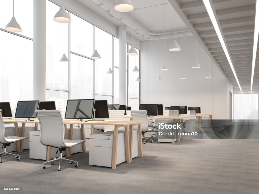 Modern style high ceiling office interior with city view 3d render Modern style high ceiling office interior with city view 3d render.There are white wall,gray carpet floor ,decorate with wooden table.There are large windows looking out to see scenery outside. Office Stock Photo