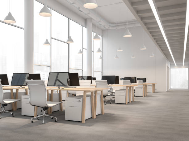 Modern style high ceiling office interior with city view 3d render stock photo