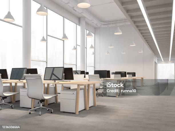 Modern Style High Ceiling Office Interior With City View 3d Render Stock Photo - Download Image Now