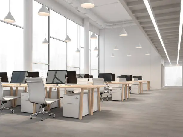 Photo of Modern style high ceiling office interior with city view 3d render