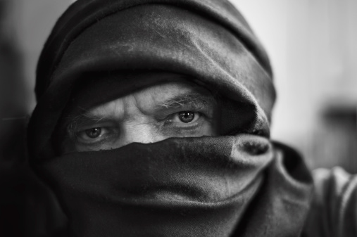 The eyes of a Bedouin man.  His face hided.