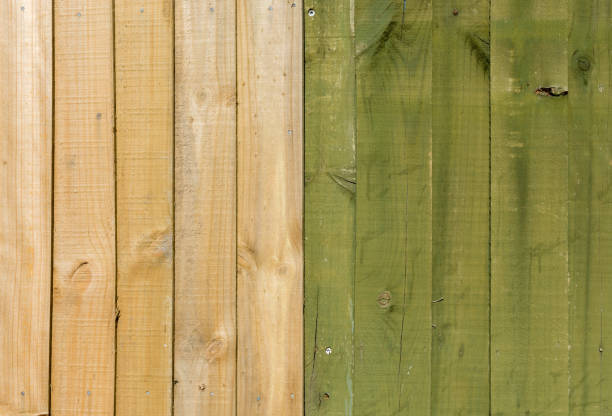 Colored retro wooden fence background. stock photo