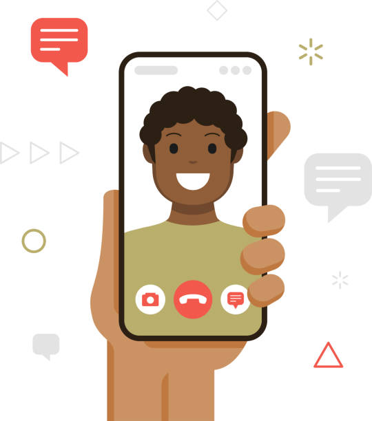 koncept videohovoru. ruční držení smartphonu s mladým afroamerickým mužem na obrazovce. vektorové ilustrace mobilního telefonu v ruce. izolovaný na bílém pozadí. šablona - selfie stock ilustrace