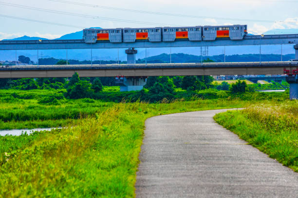 Tama monorail running the stand Date Bridge. Shooting Location: Tokyo metropolitan area