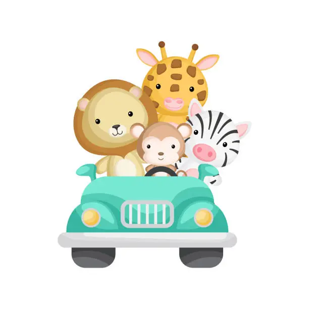 Vector illustration of Cute monkey, zebra, giraffe and lion travel in car. Graphic element for childrens book, album, scrapbook, postcard or mobile game. Zoo theme.