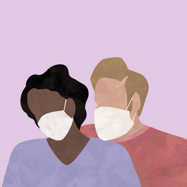 Two people wearing surgical mask. vector art illustration
