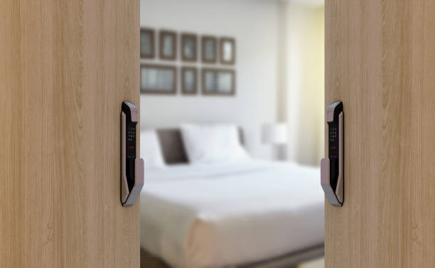 istock electronic door lock opened in front of blur bedroom 1236603685