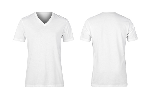 White woman v-nect t-shirts front and back isolated on white background, Clipping path