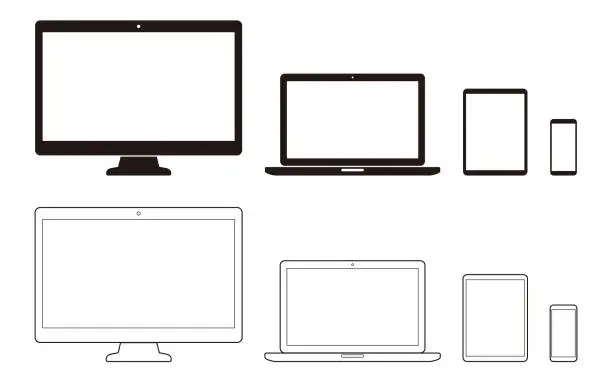 Vector illustration of Desktop and laptop computer, tablet and mobile phone, communication tools