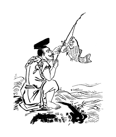 This vintage illustration depicts an antique Japanese calligraphy drawing in pen and ink of a fisherman. Made by an unknown artist, it was published in an 1874 memoir of Humbert's travels through Japan and is now in the public domain. Digital restoration by Steven Wynn Photography.