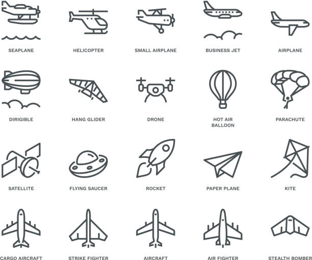 Aircraft Icons. Aircraft Icons,  Monoline concept
The icons were created on a 48x48 pixel aligned, perfect grid providing a clean and crisp appearance. Adjustable stroke weight. drone stock illustrations