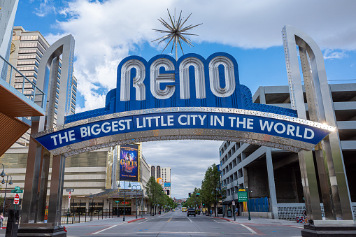 Reno, Nevada USA - May 30, 2020: Photograph of the latest version of the Famous Reno Arch located in downtown Reno Nevada.