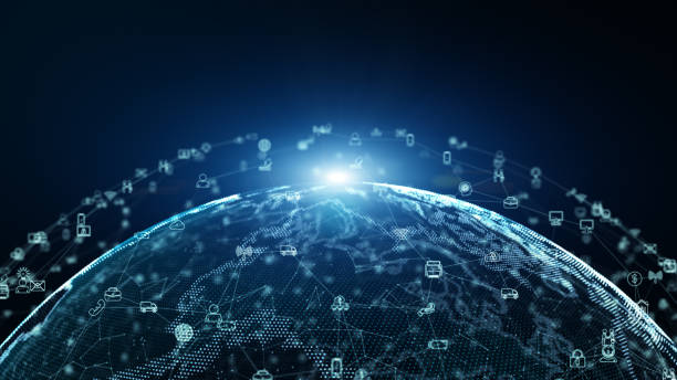 Digital data network connections with icon of global communication. high-speed connection data analysis. Business contacts and network data exchange background concept.
