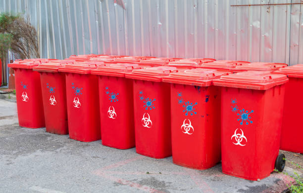 istock red bins group with symbol infectious in the outdoors keep clean from germs virus. concept prevent garbage infection coronavirus (covid-19) 1236690171