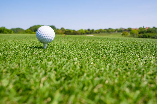 istock Golf Course with golf ball. Golf course with a rich green turf beautiful scenery. 1236712286