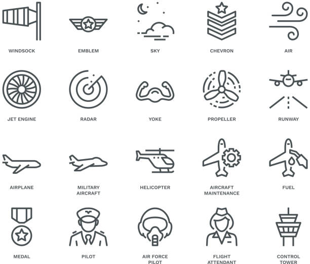 Aviation Icons. Aviation Icons,  Monoline concept
The icons were created on a 48x48 pixel aligned, perfect grid providing a clean and crisp appearance. Adjustable stroke weight. propeller stock illustrations