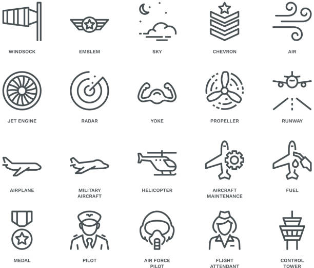 Aviation Icons. Aviation Icons,  Monoline concept
The icons were created on a 48x48 pixel aligned, perfect grid providing a clean and crisp appearance. Adjustable stroke weight. airplane part stock illustrations