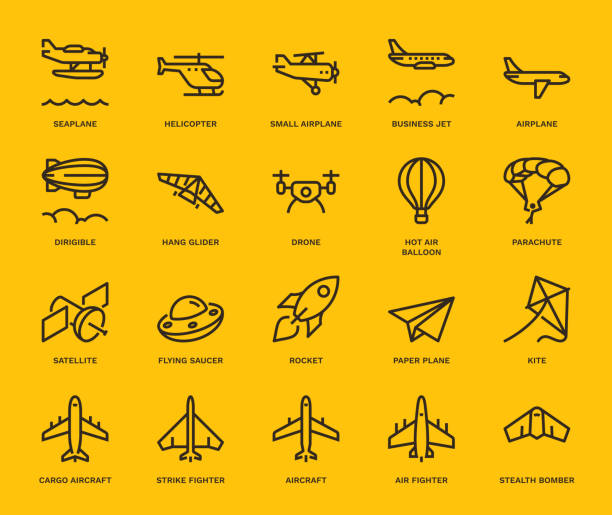 Aircraft Icons. Aircraft Icons,  Monoline concept
The icons were created on a 48x48 pixel aligned, perfect grid providing a clean and crisp appearance. Adjustable stroke weight. kite sailing stock illustrations