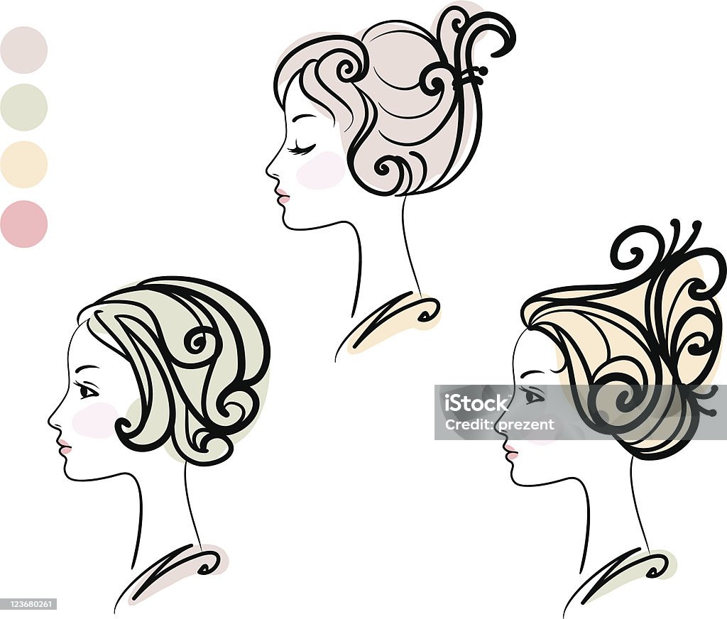 Portrait of three female with retro hairstyles design Portrait of three female with retro hairstyles, vector illustration Profile View stock vector