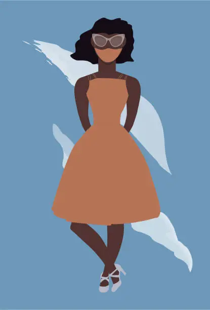 Vector illustration of Full body illustrations of an african american woman in glasses, face mask, orange retro dress and heels