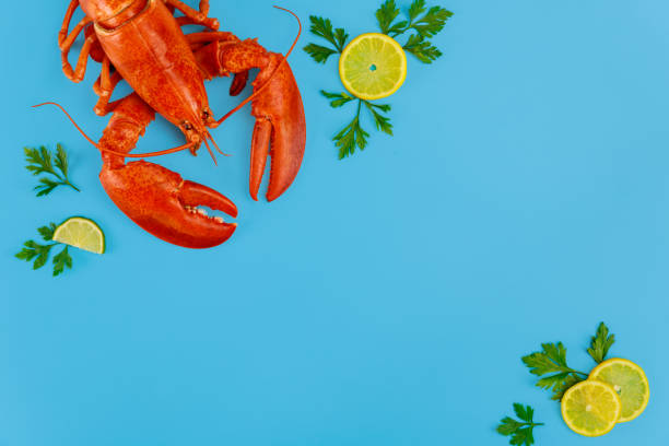 istock Prepared crab lobster with citrus and parsley on blue surface. 1236806121
