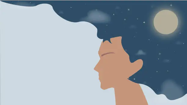Vector illustration of Side profile of a woman with flowing hair that is the night sky